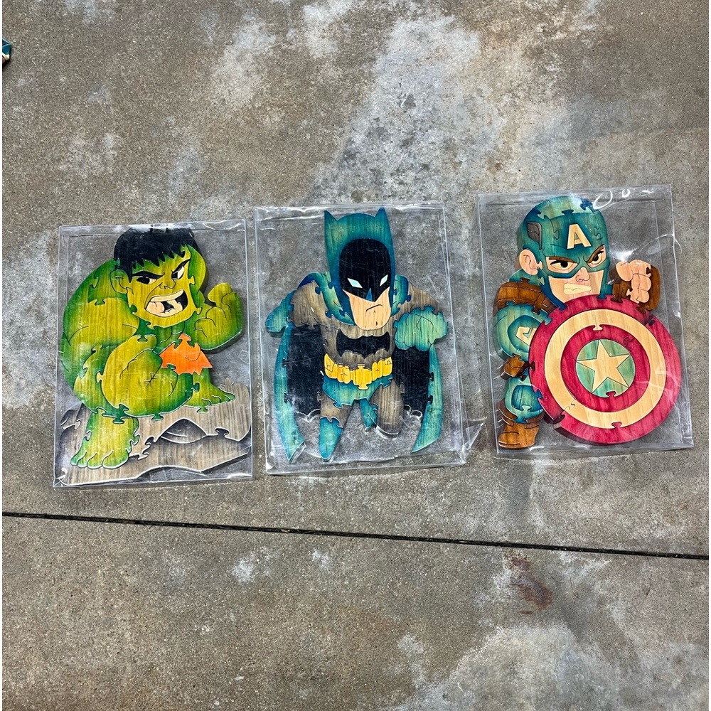 Homemade Wooden Puzzles Super Hero Set of 3- Hulk, Batman, Captain America